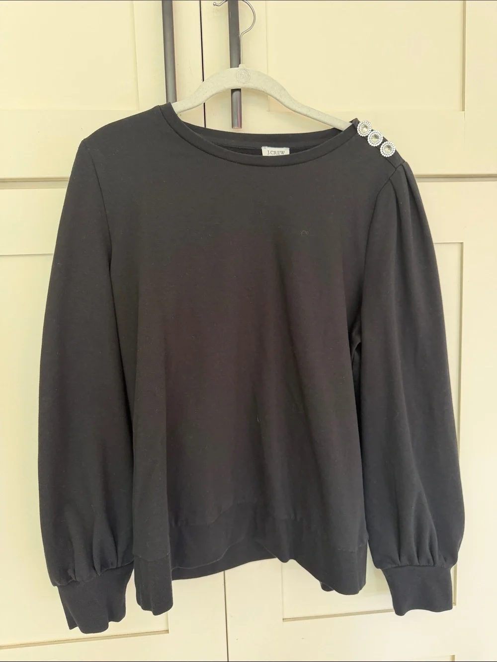 J. Crew Black Puff-Sleeve Sweatshirt with Decorative Shoulder Buttons